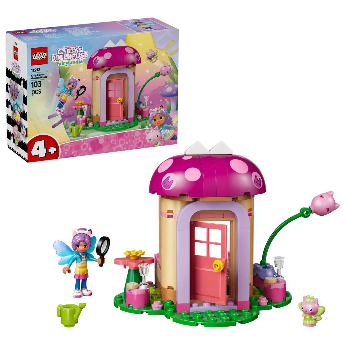 La boîte du set LEGO Gabby's Dollhouse 11212 posée à côté du modèle construit