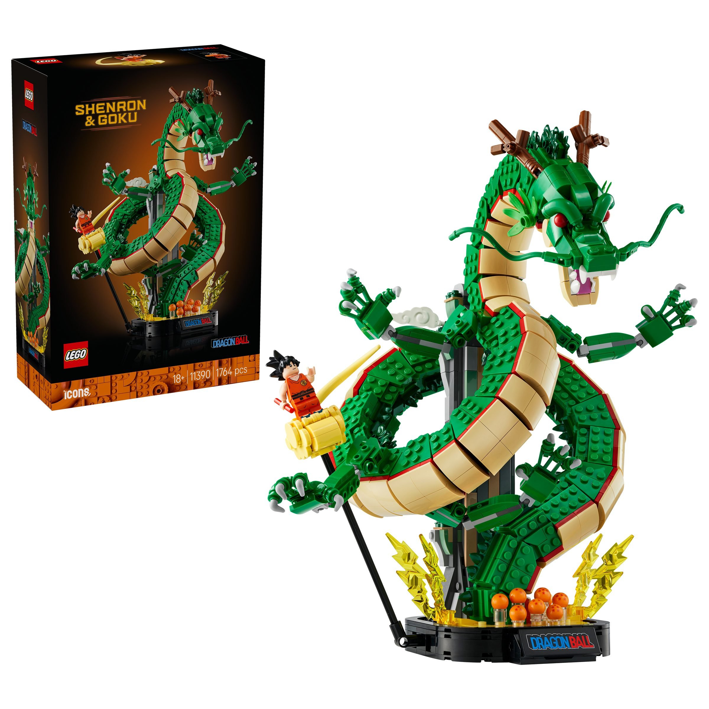 La boîte du set LEGO Dragon Ball Shenron & Goku à côté du modèle monté