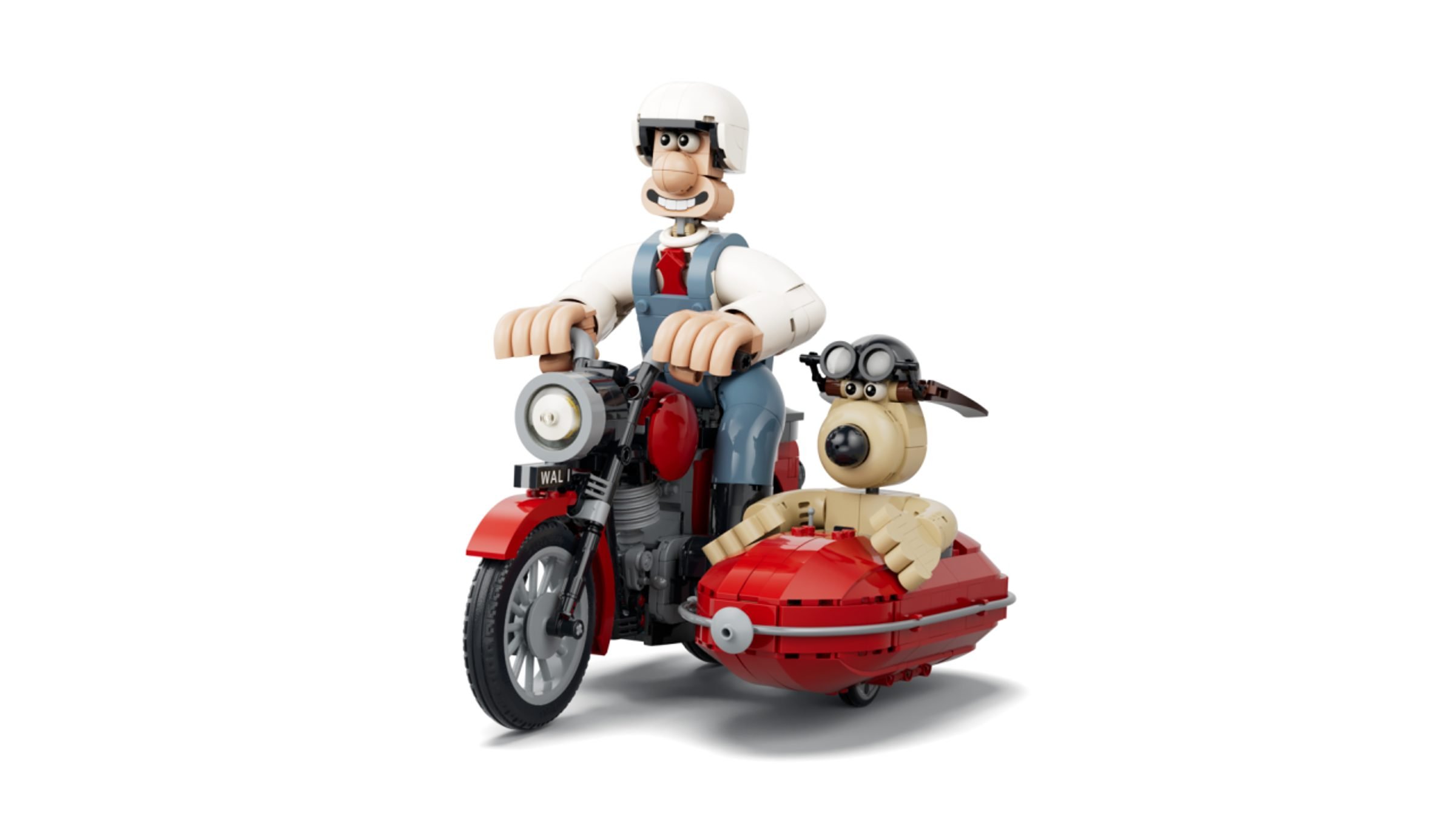 Le set LEGO Ideas 21371 vu de trois quarts, Wallace au guidon et Gromit dans le side-car