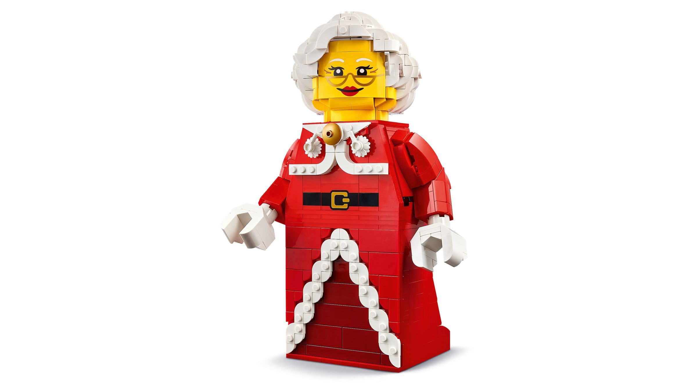 La minifigurine de la Mère Noël grand format LEGO 40875 de face, robe rouge et chevelure blanche