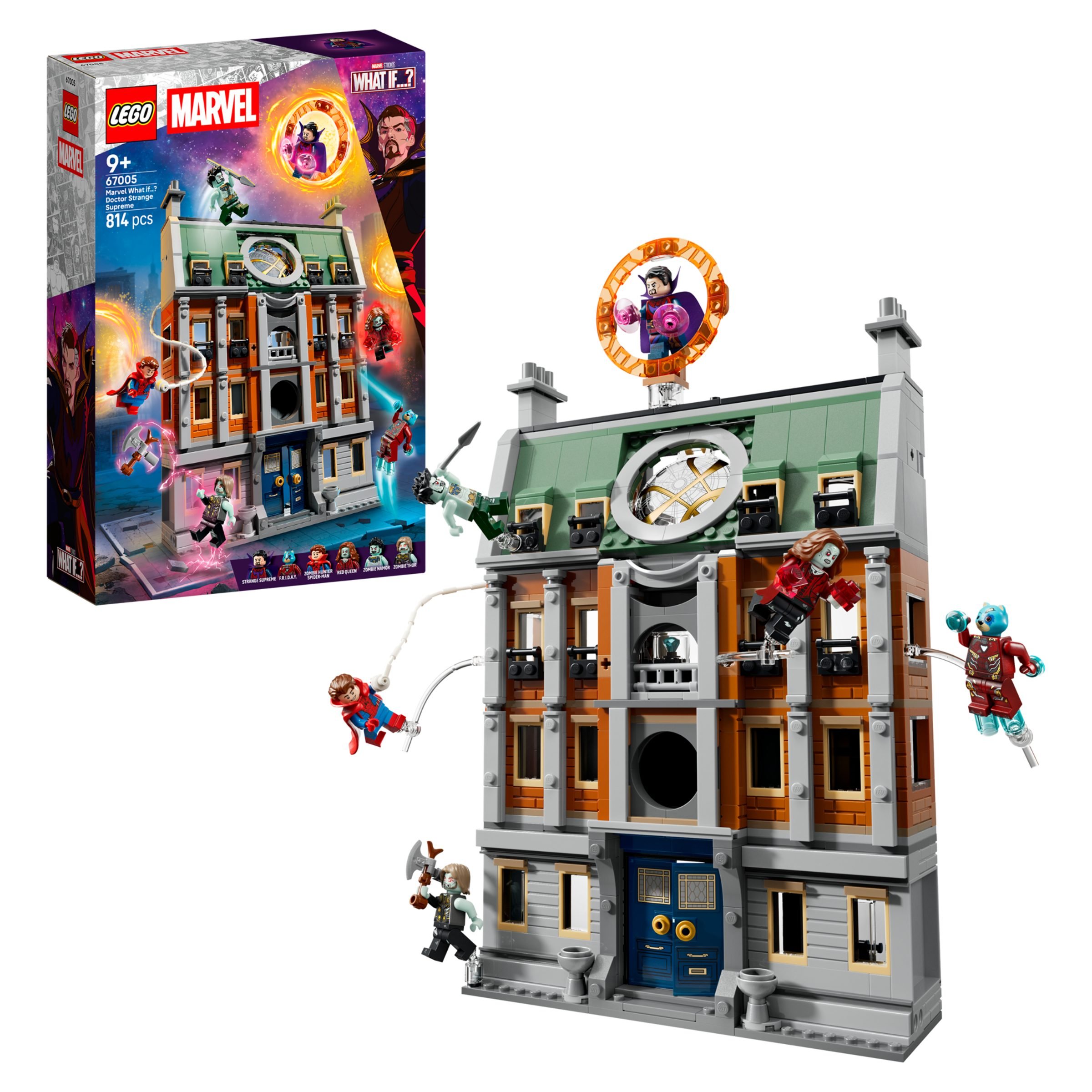 La boîte du set LEGO Marvel 67005 à côté du Saint des Saints monté et de ses six minifigurines