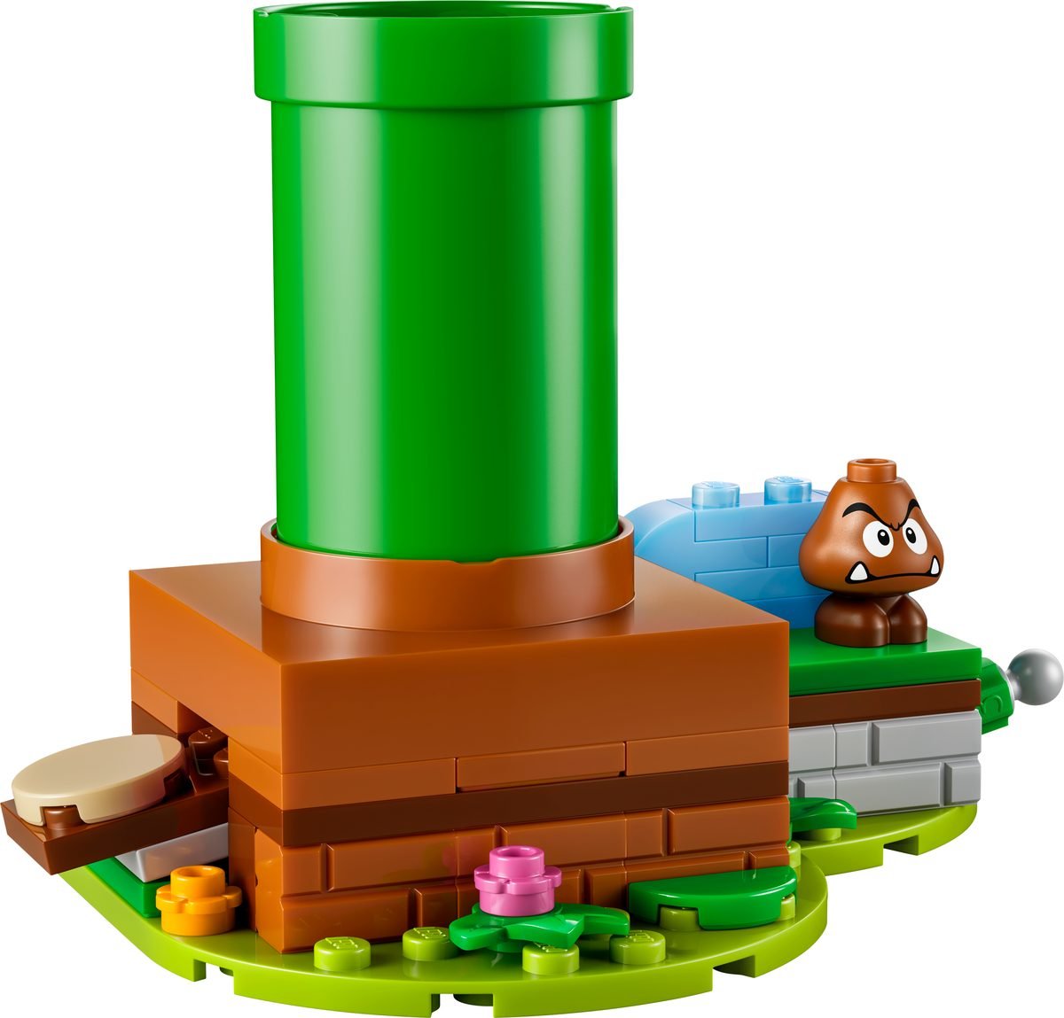 Le tuyau vert du set 72052 monté sur son socle de terre et de brique, sans les figurines