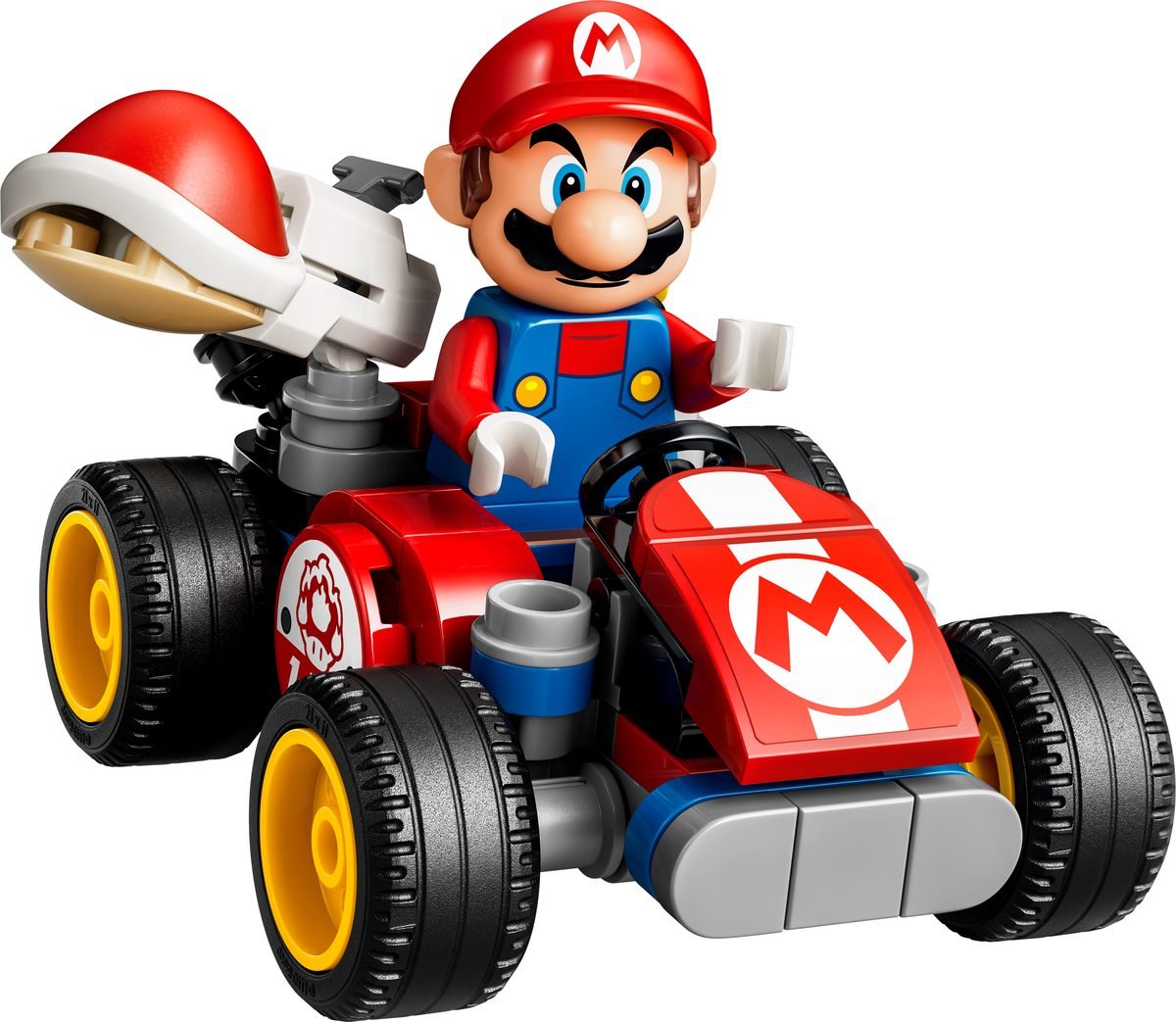 Mario au volant du kart rouge du set 72054, carapace rouge montée sur le lanceur
