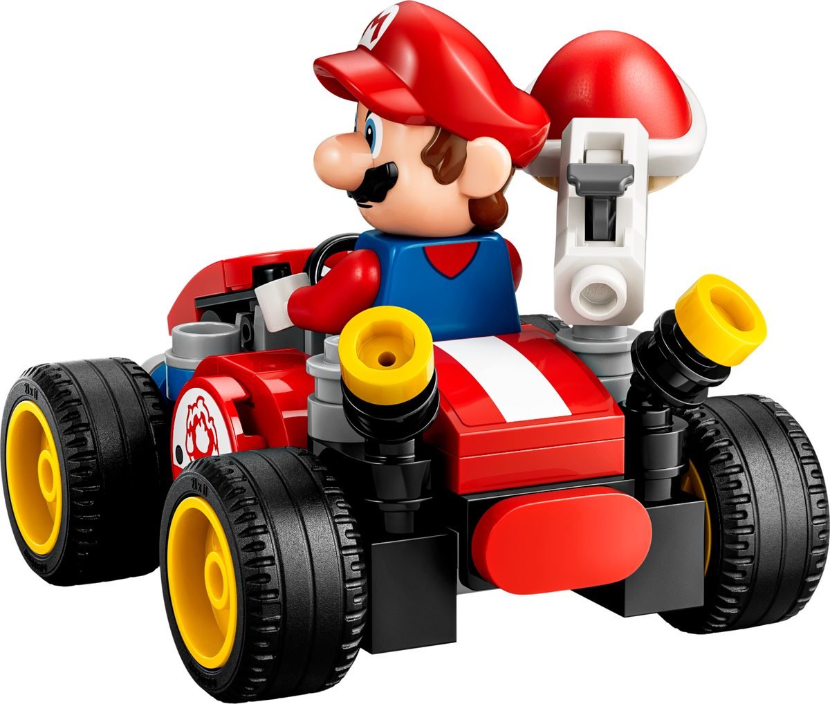 Le kart du set 72054 vu de trois quarts arrière, lanceur de carapace déployé