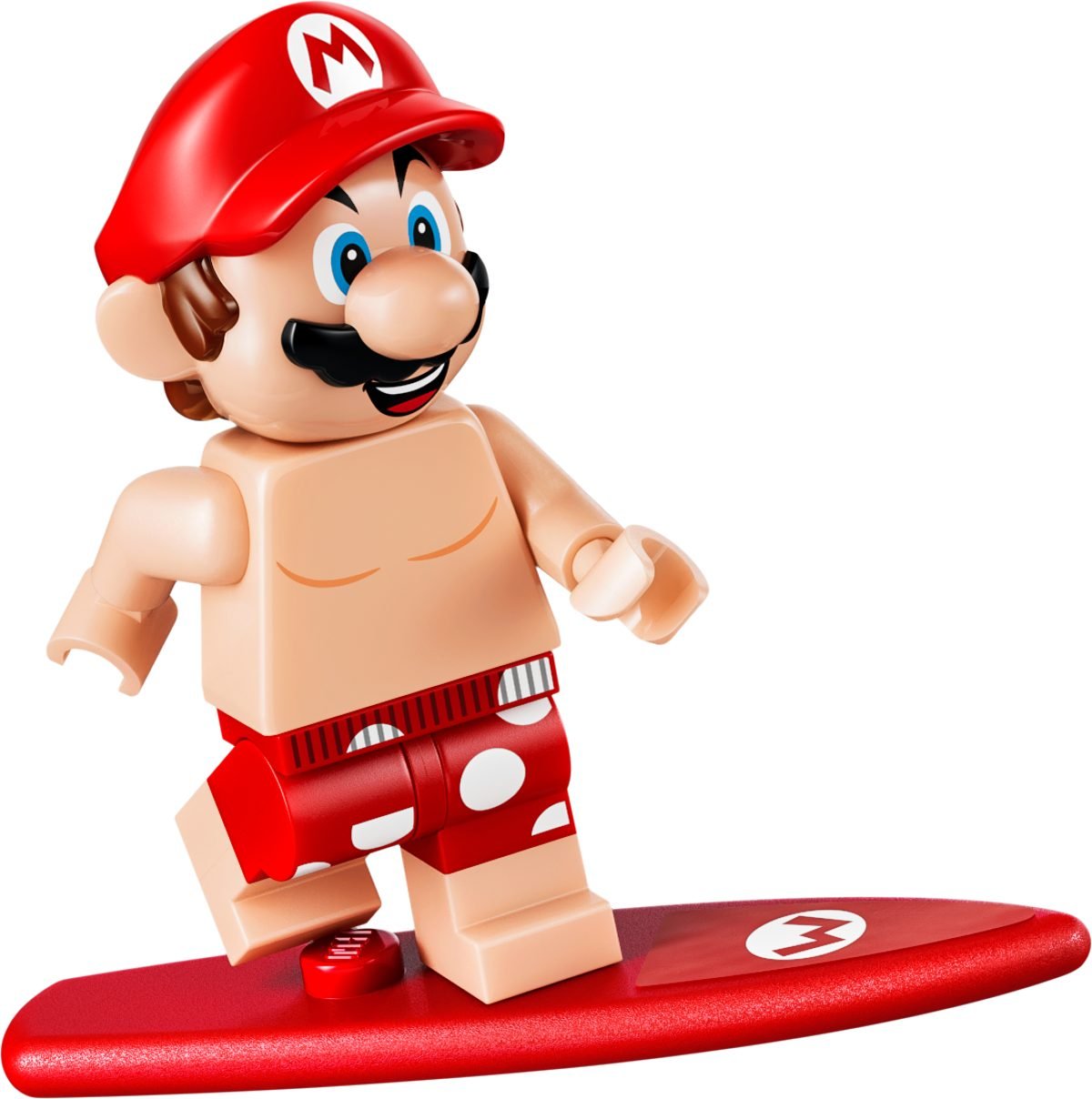 La minifigurine de Mario en maillot de bain du set 72055, sur sa planche de surf rouge