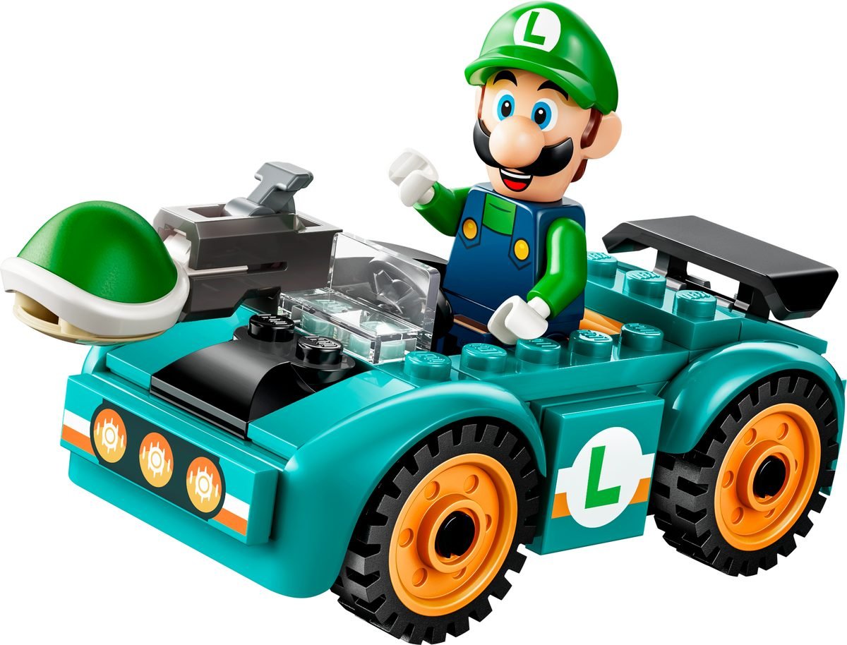Le bolide turquoise de Luigi du set 72056, aileron noir et carapace verte montée à l'avant
