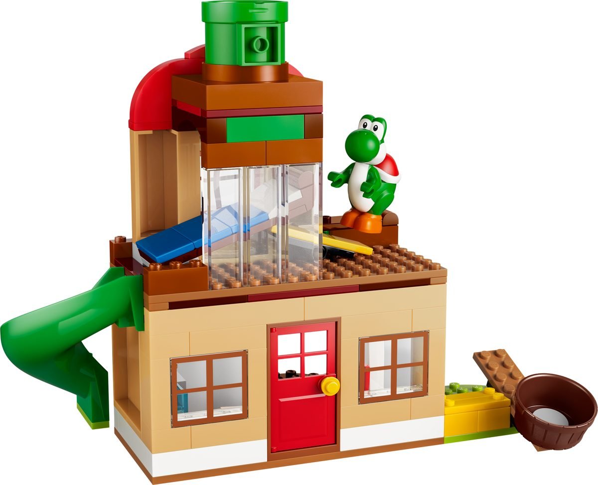 La maison du set 72057 vue de l'arrière, ouverte sur l'établi et le toboggan vert, Yoshi posté à l'étage