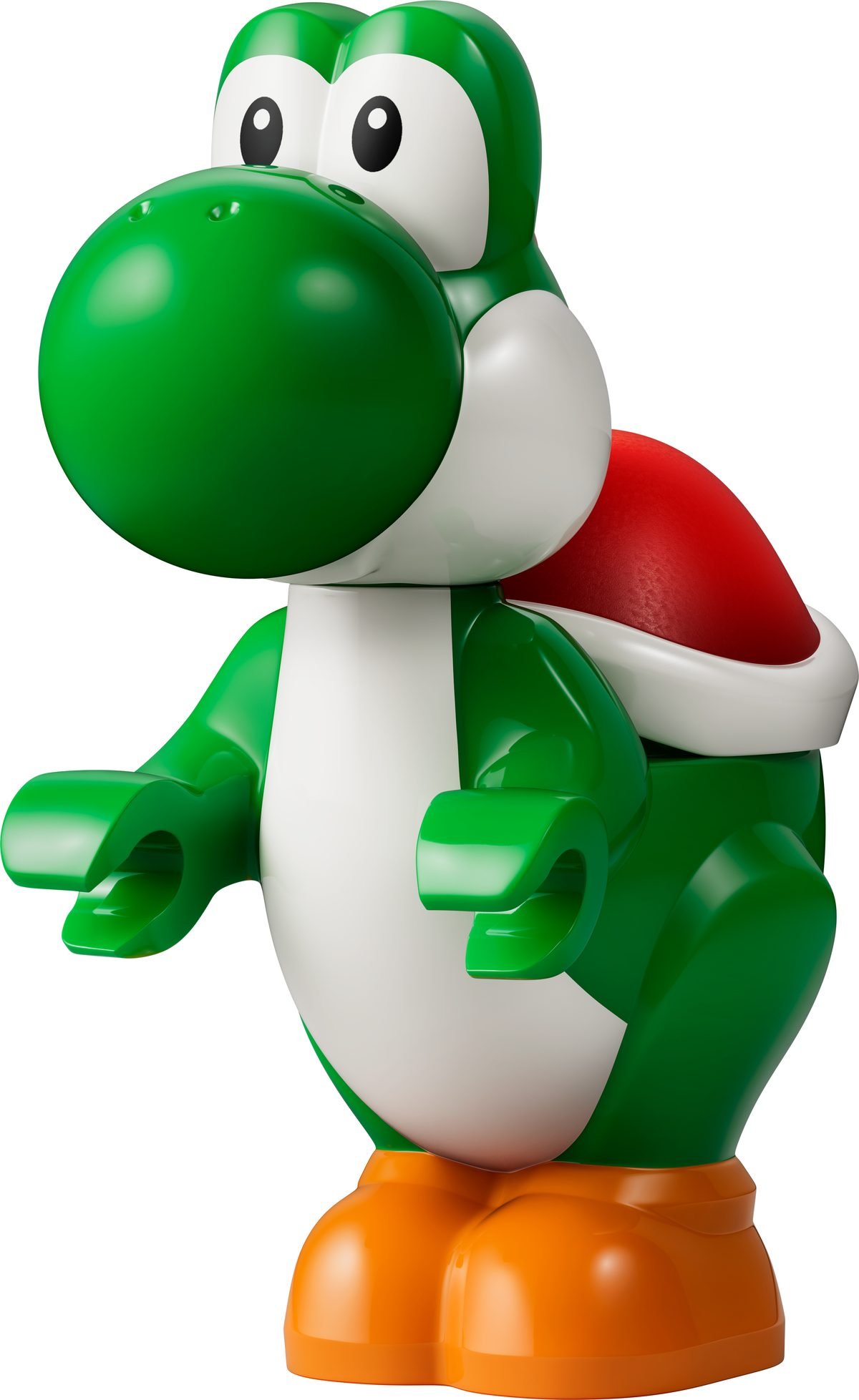 La grande figurine de Yoshi du set 72057, selle rouge sur le dos et bottes oranges