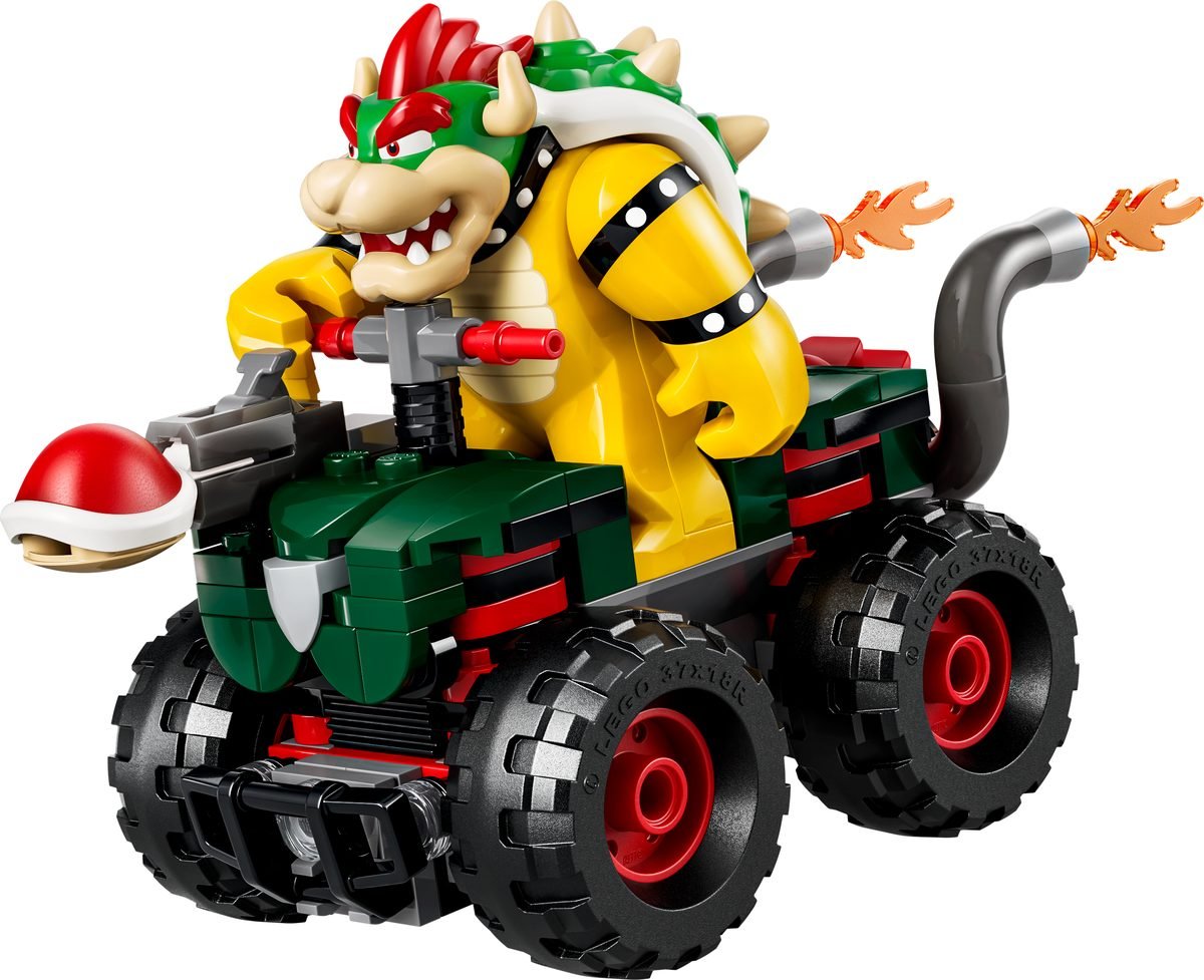 Le monster-truck vert et noir de Bowser du set 72058, carapace rouge montée à l'avant