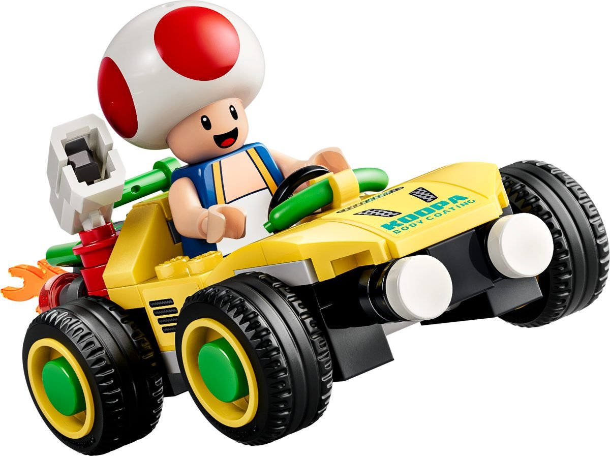 Toad au volant du kart jaune du set 72058, carapace verte montée sur le lanceur