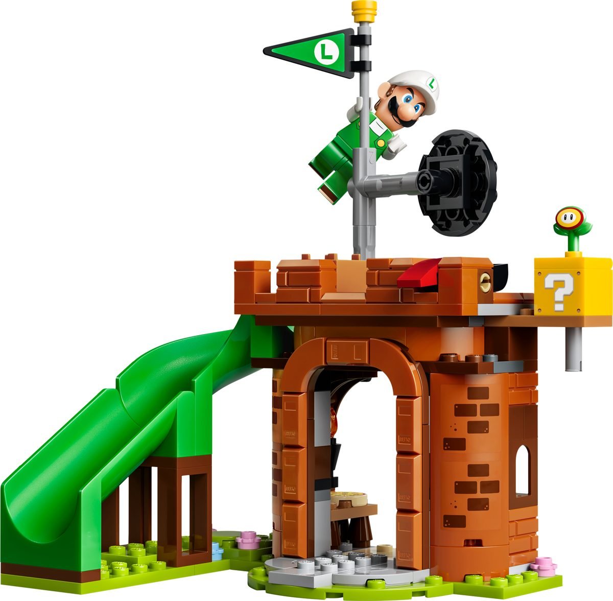Luigi de feu accroché au mât du fort du set 72061, drapeau vert au L hissé au sommet