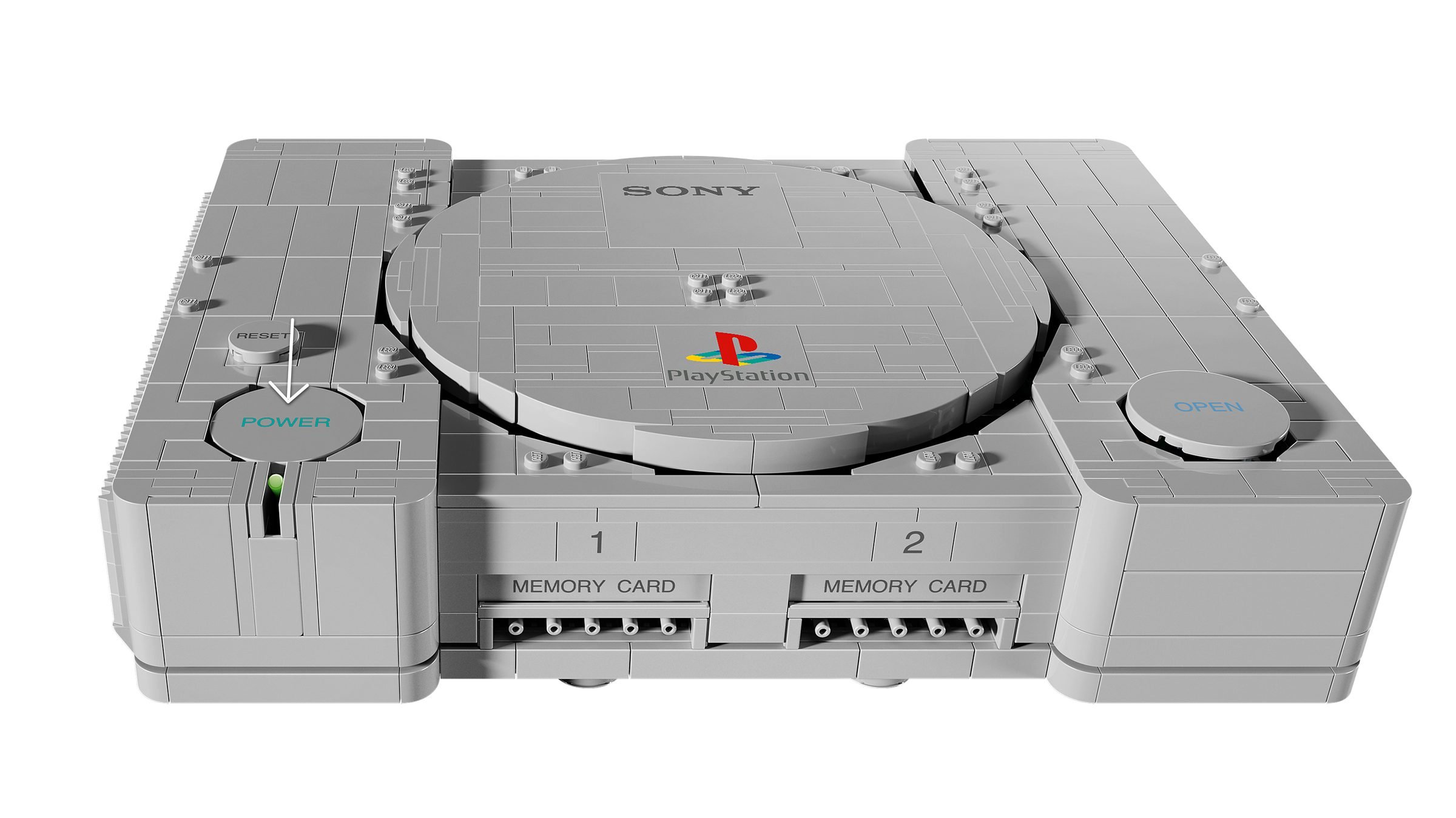 Façade du LEGO PlayStation 72306 : emplacements MEMORY CARD 1 et 2, boutons POWER, RESET et OPEN