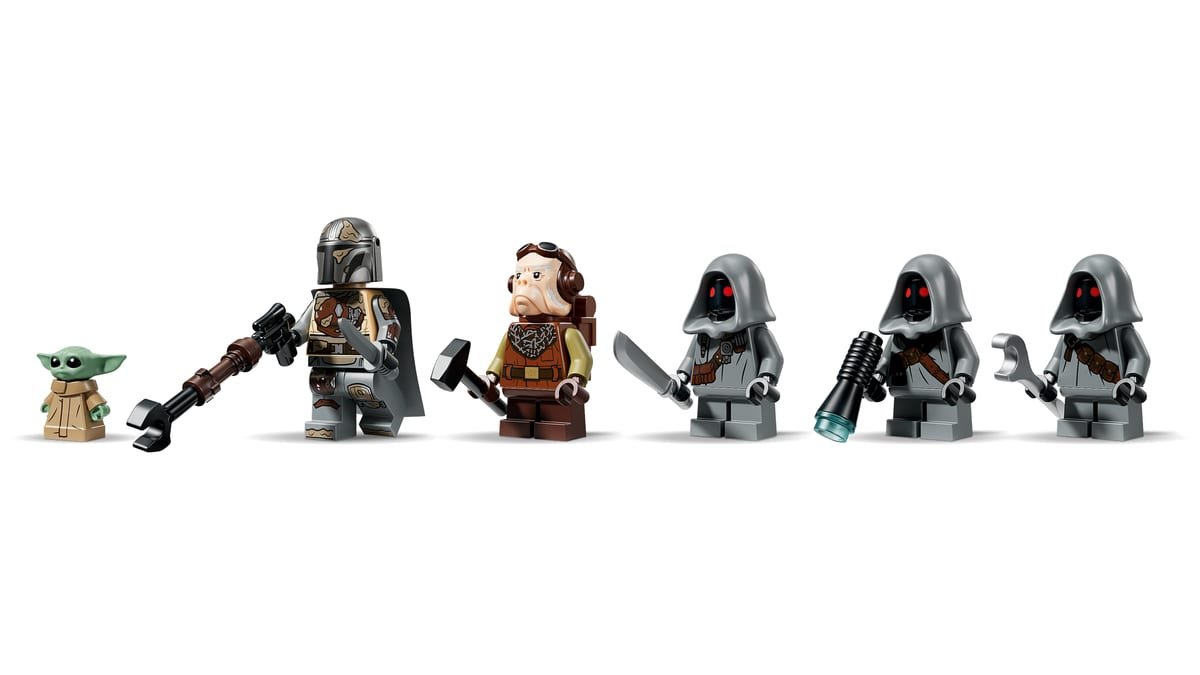 Les six figurines du set : Grogu, le Mandalorien, Kuiil et les trois Jawas d'Offworld