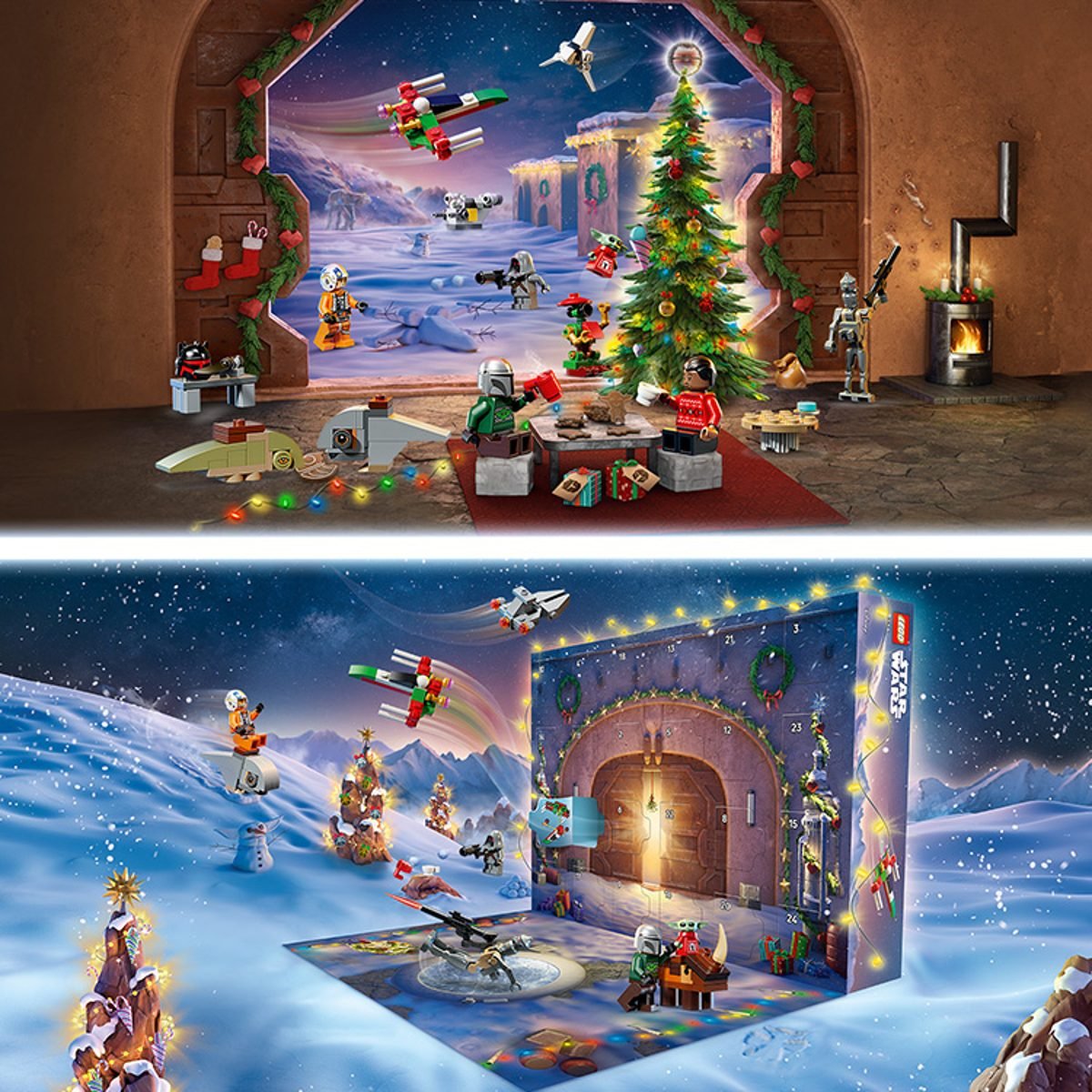 Le décor déplié du calendrier LEGO Star Wars avec ses vaisseaux et ses créatures