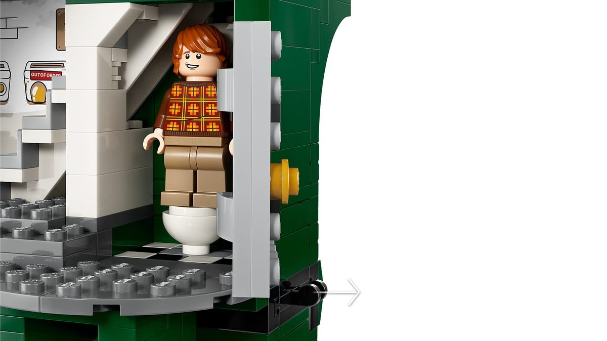 Ron Weasley debout sur la cuvette des toilettes du ministère, le levier du mécanisme indiqué par une flèche
