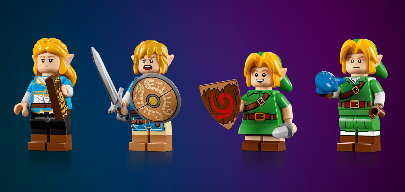 Les quatre minifigurines du LEGO 77092 : Zelda et Link de Breath of the Wild, Link enfant au bouclier Mojo, Link adulte au bouclier Hylien