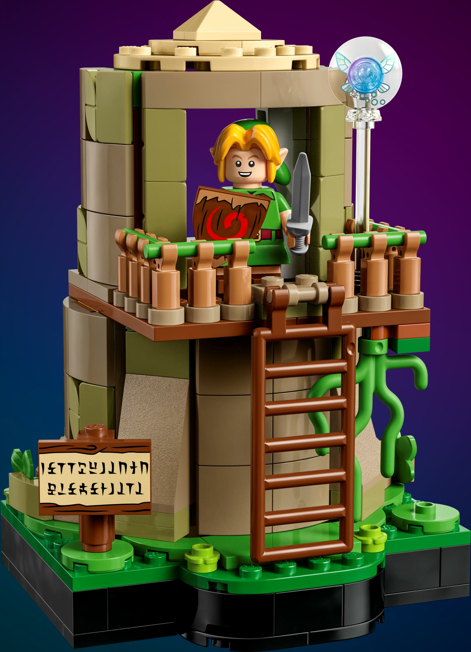 La maison de Link du LEGO 77092, une tour de bois avec son échelle, Link à la fenêtre et un panneau en hylien