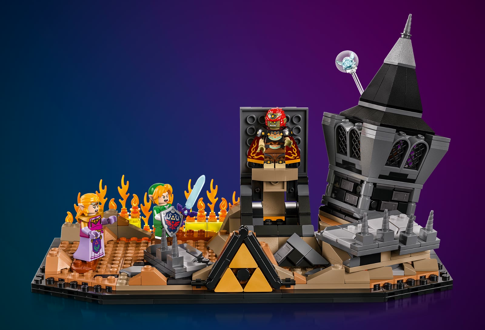 Le diorama LEGO 77093 de face, Ganondorf surgi des ruines sur sa plateforme, Zelda et Link devant les flammes, Navi au bout de sa tige