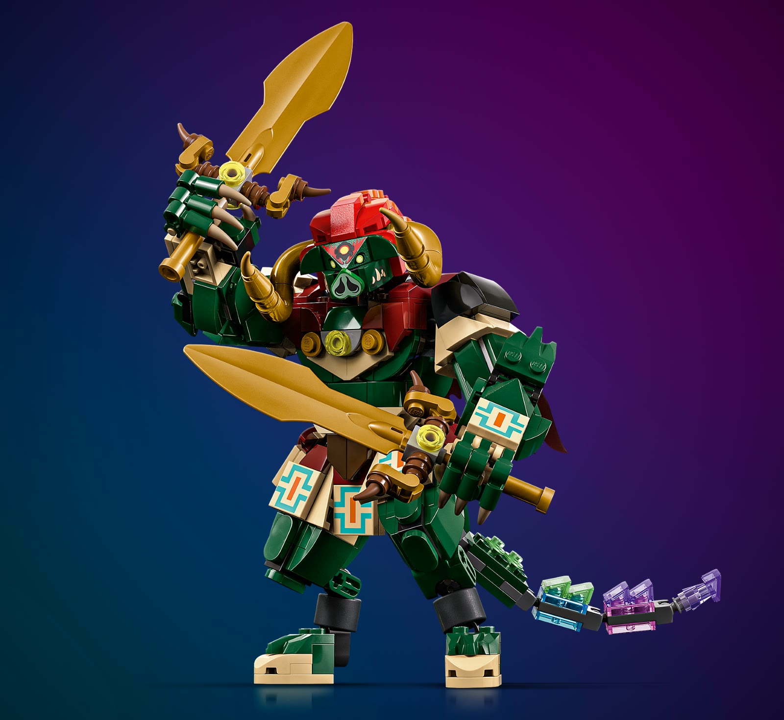 Ganon en briques du LEGO 77093, cornes dorées, crinière rouge et deux épées dorées, sur fond holographique