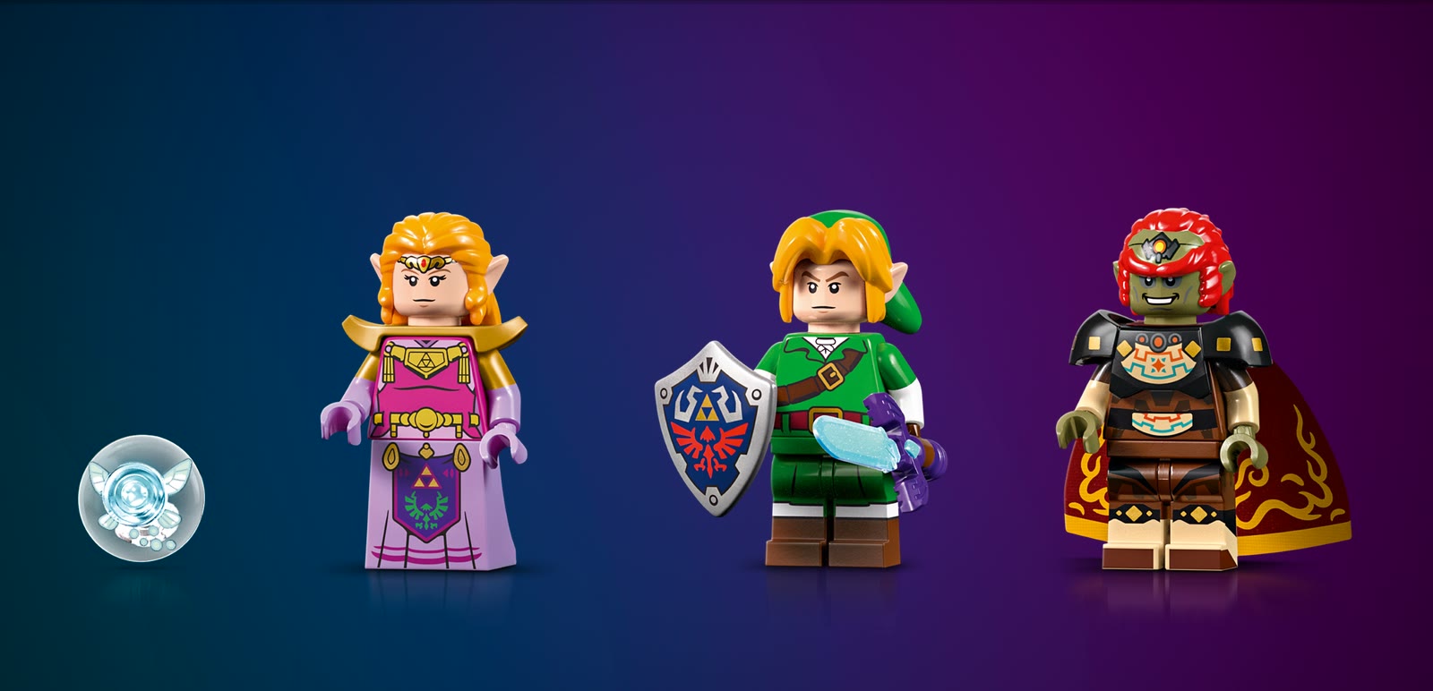 Les minifigurines du LEGO 77093 : Navi, Zelda, Link avec le bouclier Hylien et Ganondorf à la cape bordeaux