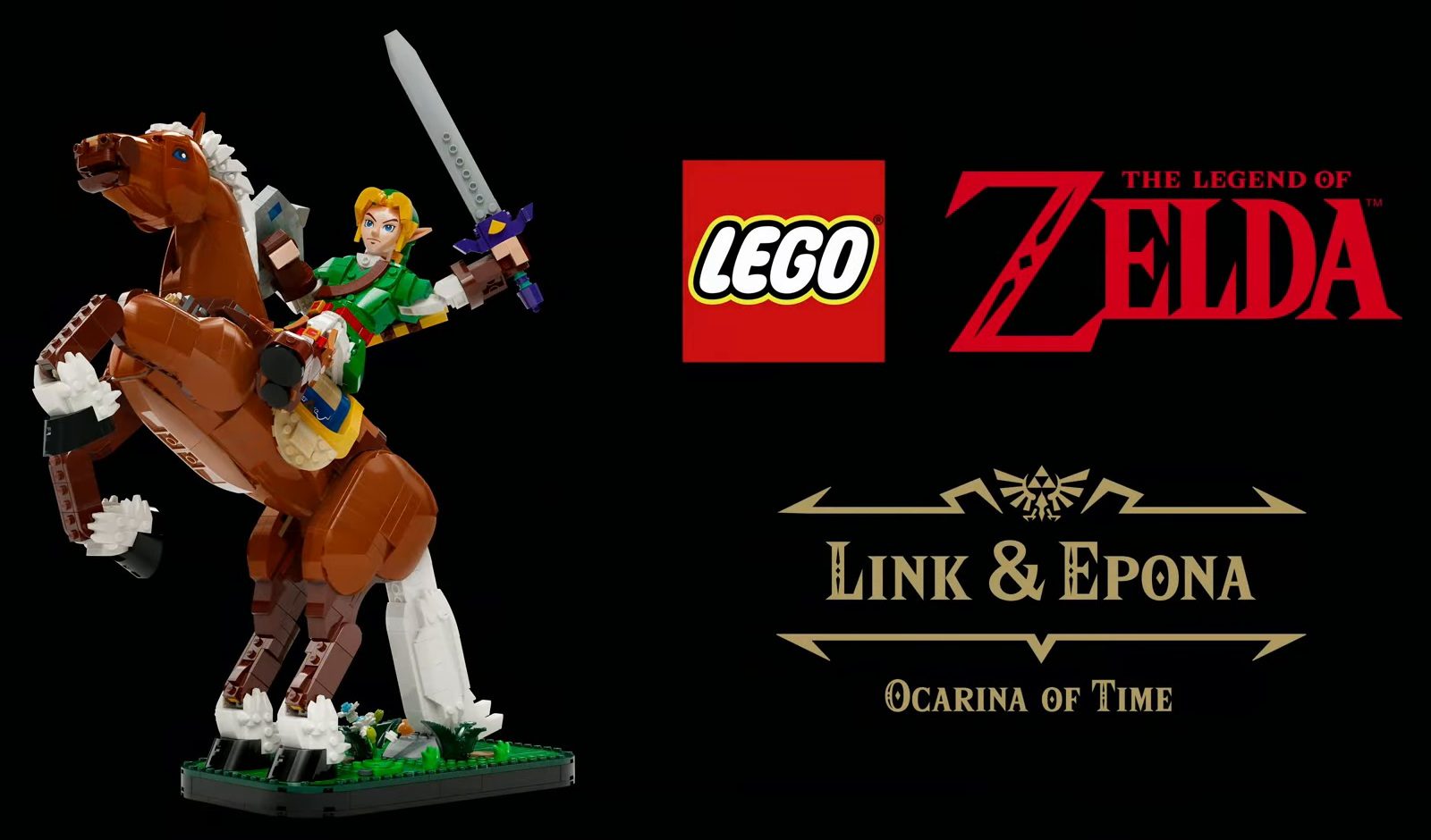 Première image du LEGO 77094 Link et Epona montrée pendant le Direct des 40 ans de Zelda : Link sur Epona cabrée, épée levée
