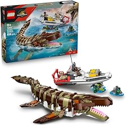 Le bateau en mission et le mosasaure en briques - LEGO Jurassic World #76974
