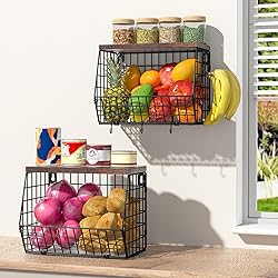 Wawocs 2 Fruit Basket, Wall Fruit Basket for Kitchen, Fruit and Vegetable Storage Basket, 4 Hooks for Fruit Basket, Metal Basket for Storing Fruits and Vegetables