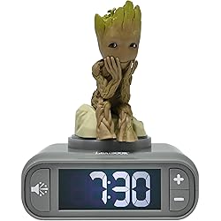Lexibook, Marvel Guardians of the Galaxy, Groot Night Light Alarm Clock, Sounds and Melodies, Backlit LCD Screen, Luminous, Snooze, Grey/Brown, RL800GGLXB